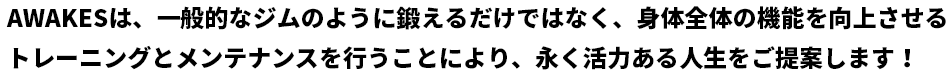 AWAKESは、一般的なジムのように鍛えるだけではなく、身体全体の機能を向上させるトレーニングとメンテナンスを行うことにより、永く活力ある人生をご提案します！